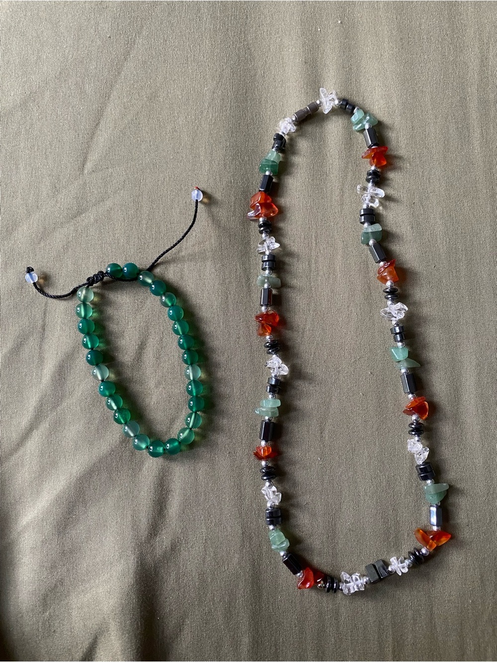 Green Beaded Bracelet & Multicolor Gemstone Necklace Set